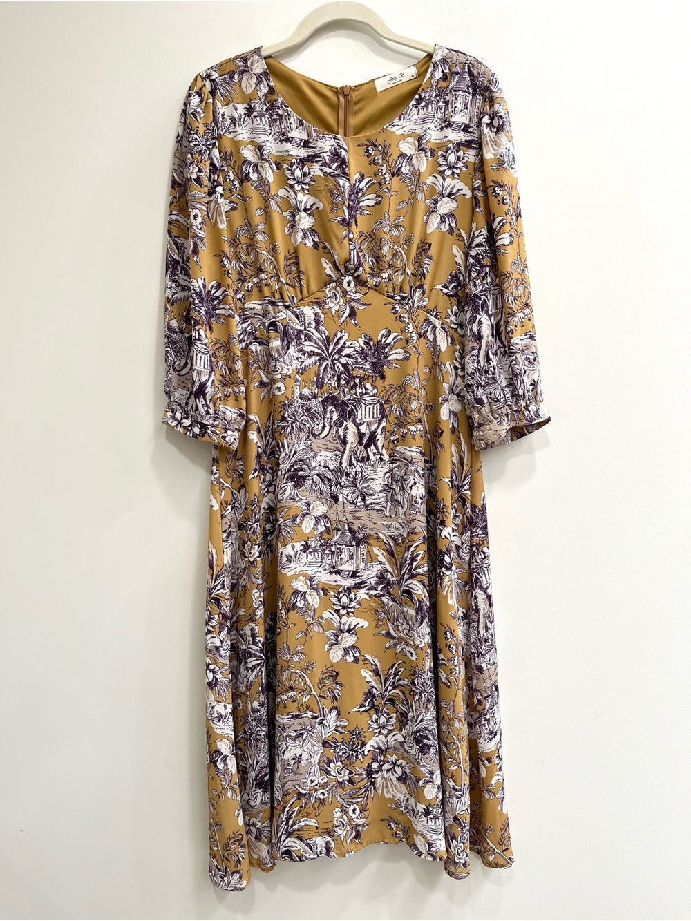 ModCloth Jesse B India floral elephant toile print midi dress tan purple XL
